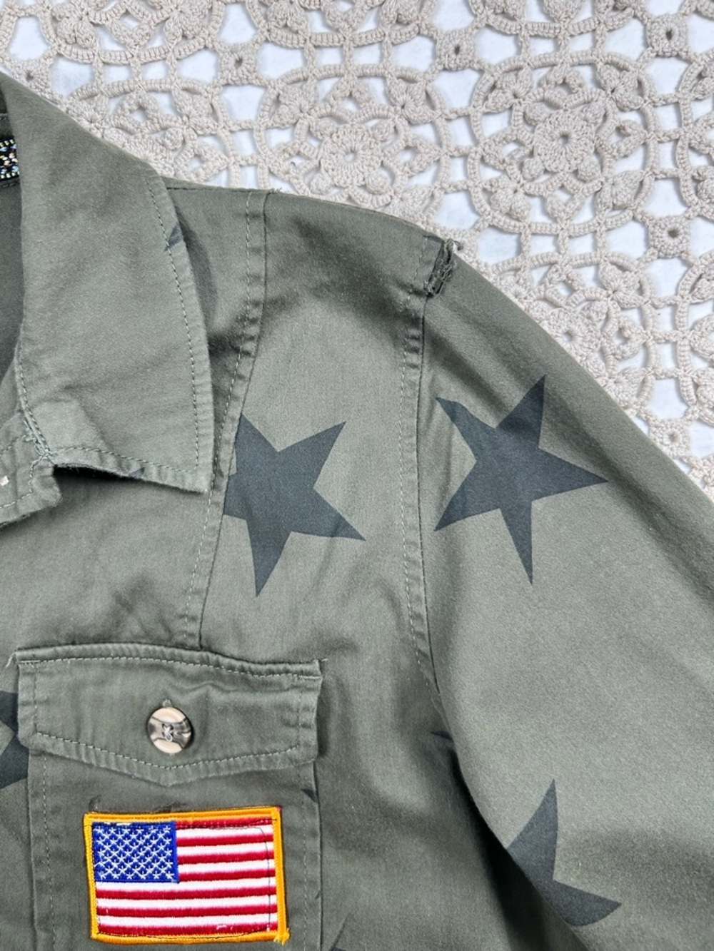 Knox Rose XL Olive Green Star Print Jacket USA Flag Patch 250 Years Graphic - Picture 9 of 15